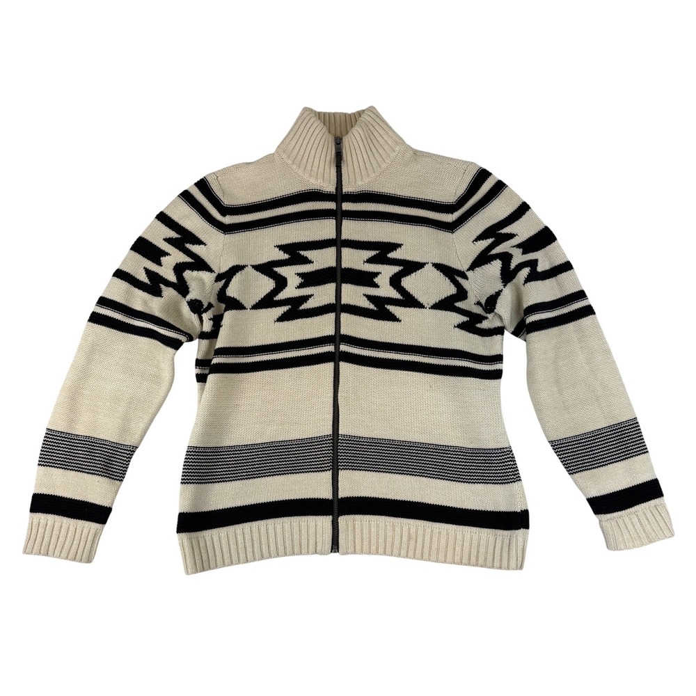 Lauren‎ Ralph Lauren Zip Sweater Women's XL Cream Black Southwestern Cotton Knit